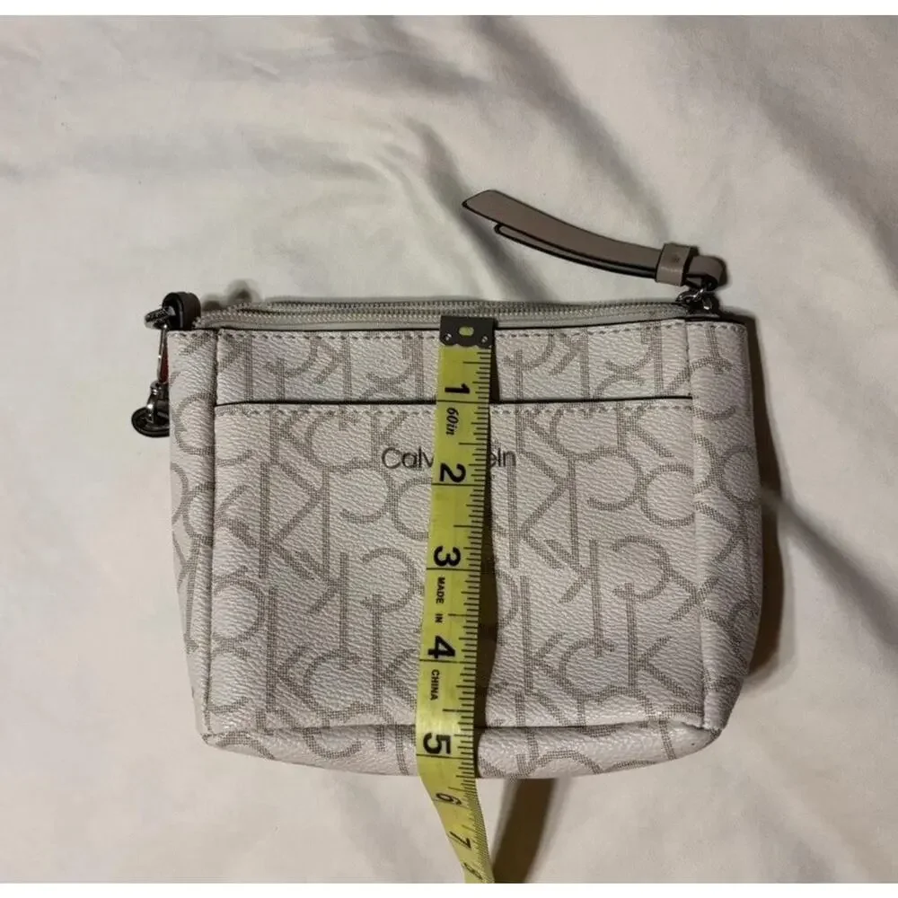 Calvin Klein Monogram Wristlet Pouch Cream Beige Zip Top Mini Bag Wallet Purse￼